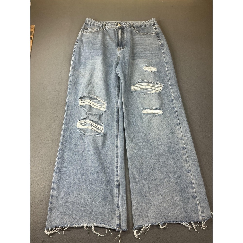 Cider Jeans Womens L Blue Wide Leg High Rise Relaxed Distressed Fringe 31 Inseam